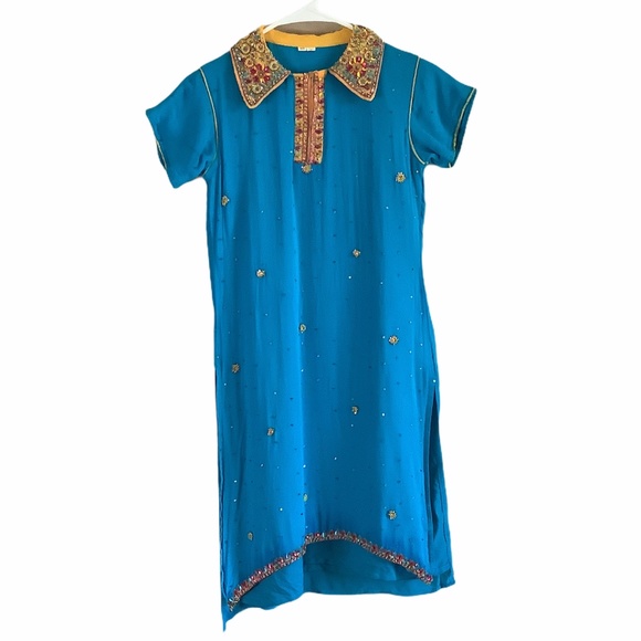 Women Blue Gold Ornate Beaded Kurta S/40